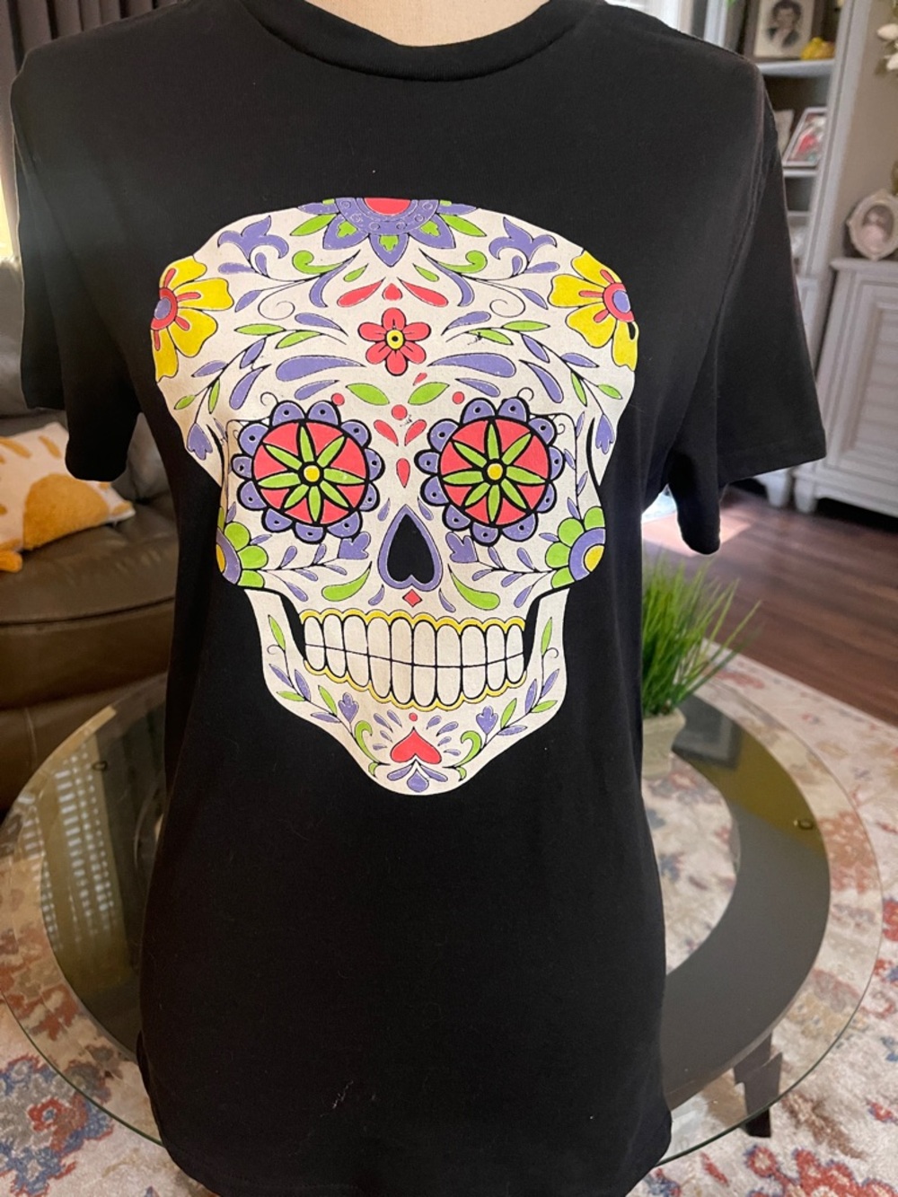 Black Short Sleeve Tee with Colorful Sugar Skull Graphic